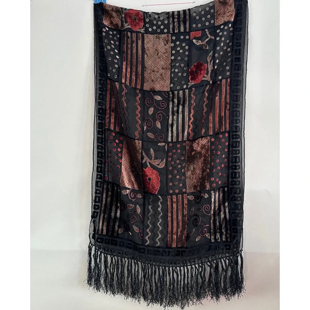 Vintage Silk Burnout Velvet Patchwork Floral Fringe Scarf Shawl Black Red Gold